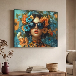 Vrouw - Bloemen - Oranje - Blauw - Modern Textielframe zwart klein -sfeer3