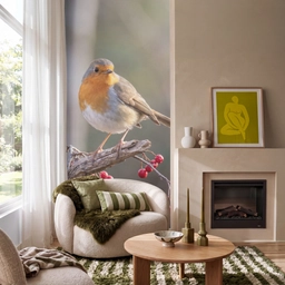 Roodborst - Tak - Bessen - Natuur Behang Vlies klein -sfeer2