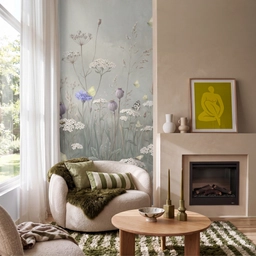 Vlinders - Wildbloemen - Illustratie - Kleurrijk Behang Vlies klein -sfeer2