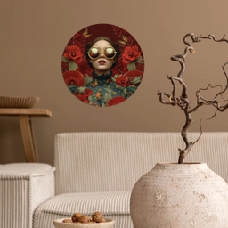 Bloemen - Dieprood - Zonnebril - Vrouw Wandcirkel behangsticker klein -sfeer1