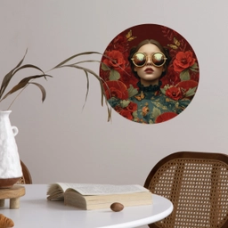 Bloemen - Dieprood - Zonnebril - Vrouw Wandcirkel behangsticker klein -sfeer3