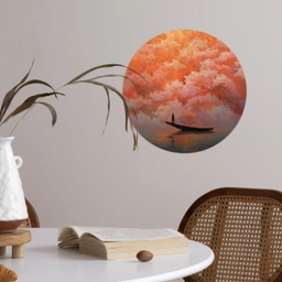 Zee - Boot - Wolken - Oranje Wandcirkel behangsticker klein -sfeer3