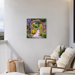 Doorkijk - Bloemen - Pad - Natuur Tuinposter op houten frame 2 cm dik middel -sfeer1