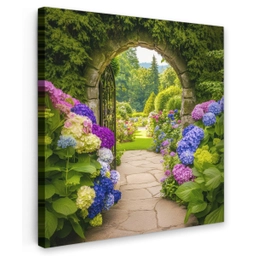 Doorkijk - Poort - Hortensia - Bloementuin Tuinposter op houten frame 2 cm dik middel -3d