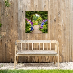 Doorkijk - Poort - Hortensia - Bloementuin Tuinposter op houten frame 2 cm dik middel -sfeer4