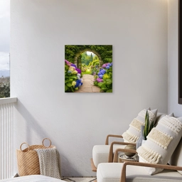 Doorkijk - Poort - Hortensia - Bloementuin Tuinposter op houten frame 2 cm dik middel -sfeer1