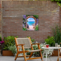 Doorkijk - Poort - Zee - Strand - Rotsen Tuinposter op houten frame 2 cm dik middel -sfeer3