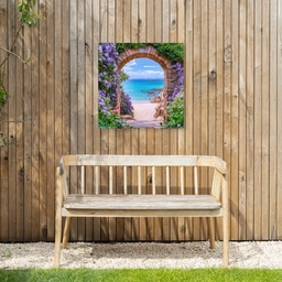 Doorkijk - Poort - Zee - Strand - Rotsen Tuinposter op houten frame 2 cm dik middel -sfeer4