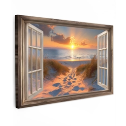 Doorkijk - Strand - Duinen - Zonsondergang Tuinposter op houten frame 2 cm dik klein -3d