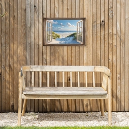 Doorkijk - Strand - Raam - Duinen - Zee Tuinposter op houten frame 2 cm dik klein -sfeer4