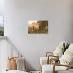 Hek - Natuur - Mist - Veld Tuinposter op houten frame 2 cm dik klein -sfeer1