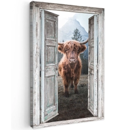 Oude deuren naar Schotse Hooglander Tuinposter op houten frame 2 cm dik klein -3d