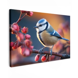 Pimpelmees bij Bloesems Tuinposter op houten frame 2 cm dik klein -3d