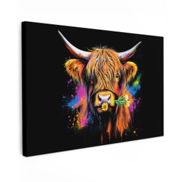 Schotse Hooglander - Graffiti - Kleurrijk - Bloem - Dieren Tuinposter op houten frame 2 cm dik klein -3d