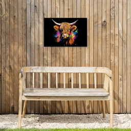 Schotse Hooglander - Graffiti - Kleurrijk - Bloem - Dieren Tuinposter op houten frame 2 cm dik klein -sfeer4
