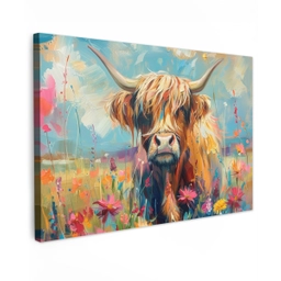 Schotse hooglander - Natuur - Kleurrijk - Bloemen Tuinposter op houten frame 2 cm dik klein -3d