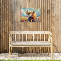 Schotse hooglander - Natuur - Kleurrijk - Bloemen Tuinposter op houten frame 2 cm dik klein -sfeer4