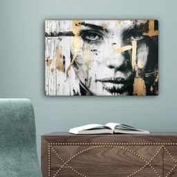 Portret - Vrouw - Penseelstreken - Goud canvas 2cm klein -sfeer4