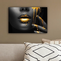 Vrouw - Zwart - Goud - Gezicht - Lippen canvas 2cm klein -sfeer3