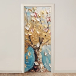 Boom - Blauw - Goud - Abstract - Modern deurposter klein -3d_beige