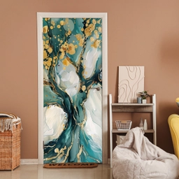 Boom - Modern - Verflook - Turquoise - Goud deurposter klein -sfeer1