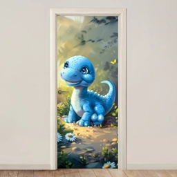 Dino - Blauw - Baby - Dinosaurus deurposter klein -3d_beige