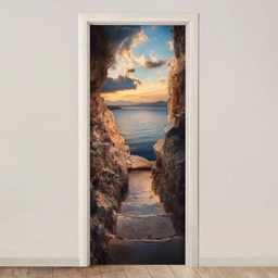 Doorkijk - Uitzicht - Landschap - Zee - Rotsen deurposter klein -3d_beige