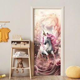 Eenhoorn - Meisje - Roze - Bloemen - Sprookje deurposter klein -sfeer4