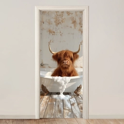 Schotse hooglander - Badkuip - Vintage - Koe deurposter klein -3d_beige
