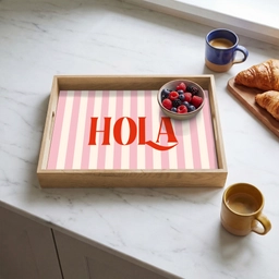 Hola - Quote -  Strepen - Pastel - Roze - Rood - Wit Dienblad Rechthoek middel -sfeer2