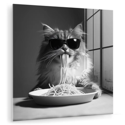 Langharige kat - Zonnebril - Spaghetti - Humor - Zwart - wit plexiglas 5mm klein -zzzproduct_nieuw