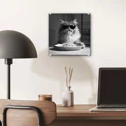 Langharige kat - Zonnebril - Spaghetti - Humor - Zwart - wit plexiglas 5mm klein -sfeer6