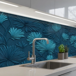 Bladeren - Reliëf - Patroon - Oceaanblauw - Modern keuken achterwand 2 middel 871 -3d_schuin