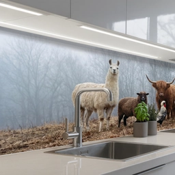 Boerderijdieren - Groep - Mist - Natuur - Rustiek keuken achterwand 2 middel -3d_schuin