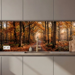 Keuken achterwand - Bospad - Herfstbos - Bladeren - Oranje - Nostalgisch