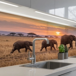 Olifanten - Savanne - Zonsondergang - Afrika - Warm keuken achterwand 2 middel -3d_schuin
