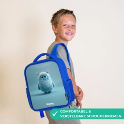 Blauw pluizig monster met hoorns Kinderrugzak - Blauw middel -sfeer3_NL