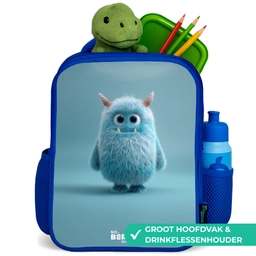 Blauw pluizig monster met hoorns Kinderrugzak - Blauw middel -inhoud_NL