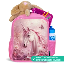 Eenhoorn - Roze - Vlinders - Bloemen Kinderrugzak - Roze middel -inhoud_NL