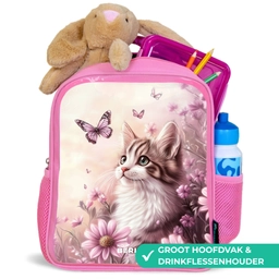 Kat - Paars - Vlinders - Bloemen Kinderrugzak - Roze middel -inhoud_NL