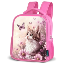 Kat - Paars - Vlinders - Bloemen Kinderrugzak - Roze middel -schuin