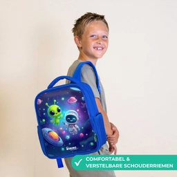 Vrolijke Ontmoeting in de Ruimte Kinderrugzak - Blauw middel -sfeer3_NL
