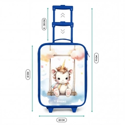 Witte baby eenhoorn op een schommel in de wolken Kinderkoffer - Blauw klein -productfoto_formaten