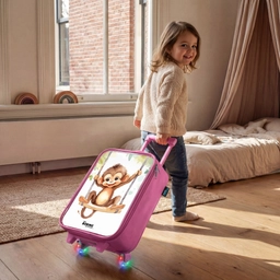 Vrolijk aapje op een schommel illustratie Kinderkoffer - Roze klein -sfeer1