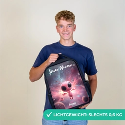 Roze Alien in Sterrennevel Rugzak - Zwart middel -sfeer7_NL
