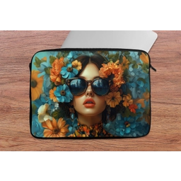 Vrouw - Bloemen - Oranje - Blauw - Modern laptophoes neopreen klein -tafel