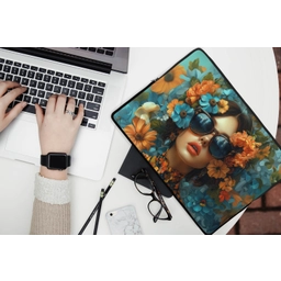Vrouw - Bloemen - Oranje - Blauw - Modern laptophoes neopreen klein -bureau