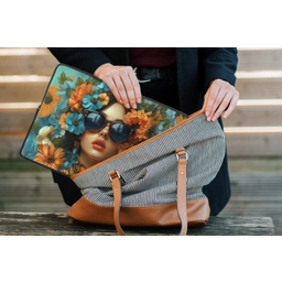 Vrouw - Bloemen - Oranje - Blauw - Modern laptophoes neopreen klein -tas