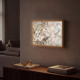 Bloemen - Wit - Goud - Beige  - Luxe Light Box met batterij (Wandlamp) middel -sfeer1