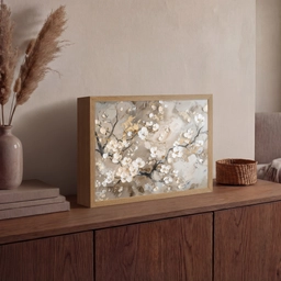 Bloemen - Wit - Goud - Beige  - Luxe Light Box met batterij (Wandlamp) middel -sfeer2